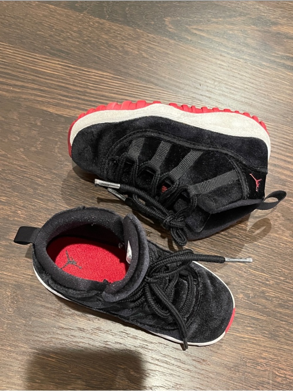 Jordan Kids Black and Red Suede High-Top Sneakers